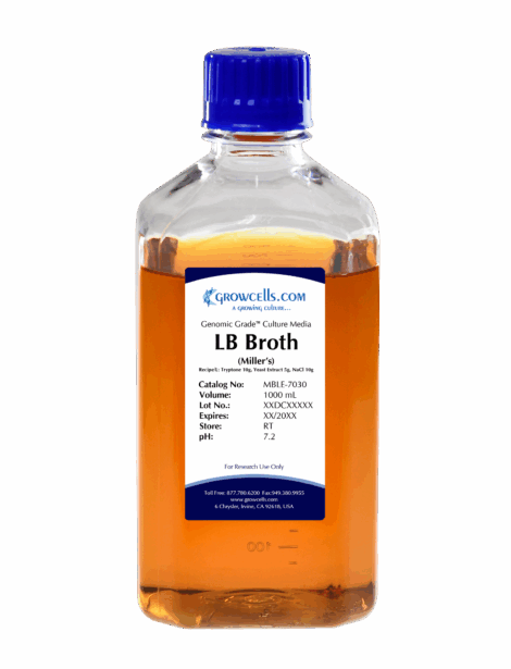 LB (Miller) Broth: 10g Tryptone, 10g Yeast Extract, 5g NaCl, pH Adjusted to 7.0 +/- 0.1