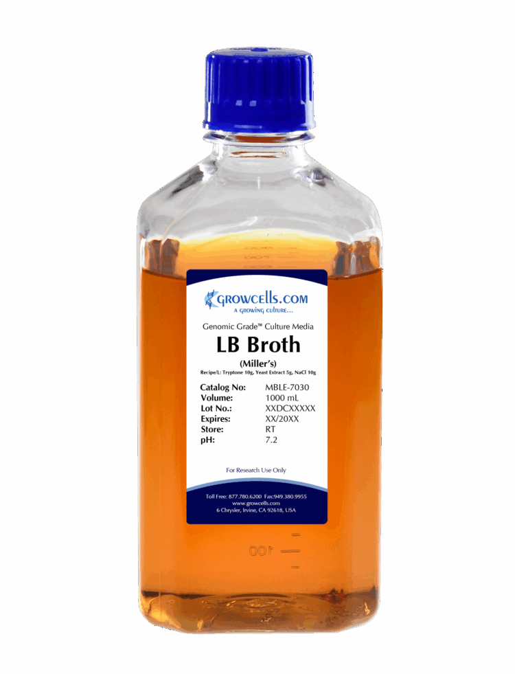 LB (Miller) Broth: 10g Tryptone, 10g Yeast Extract, 5g NaCl, pH Adjusted to 7.0 +/- 0.1