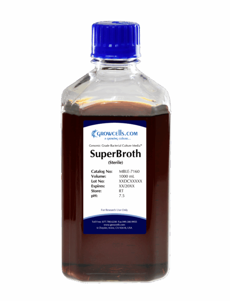 SuperBroth Media: 32g Tryptone, 20g Yeast Extract, 5g NaCl, pH Adjusted to 7.0 +/- 0.1