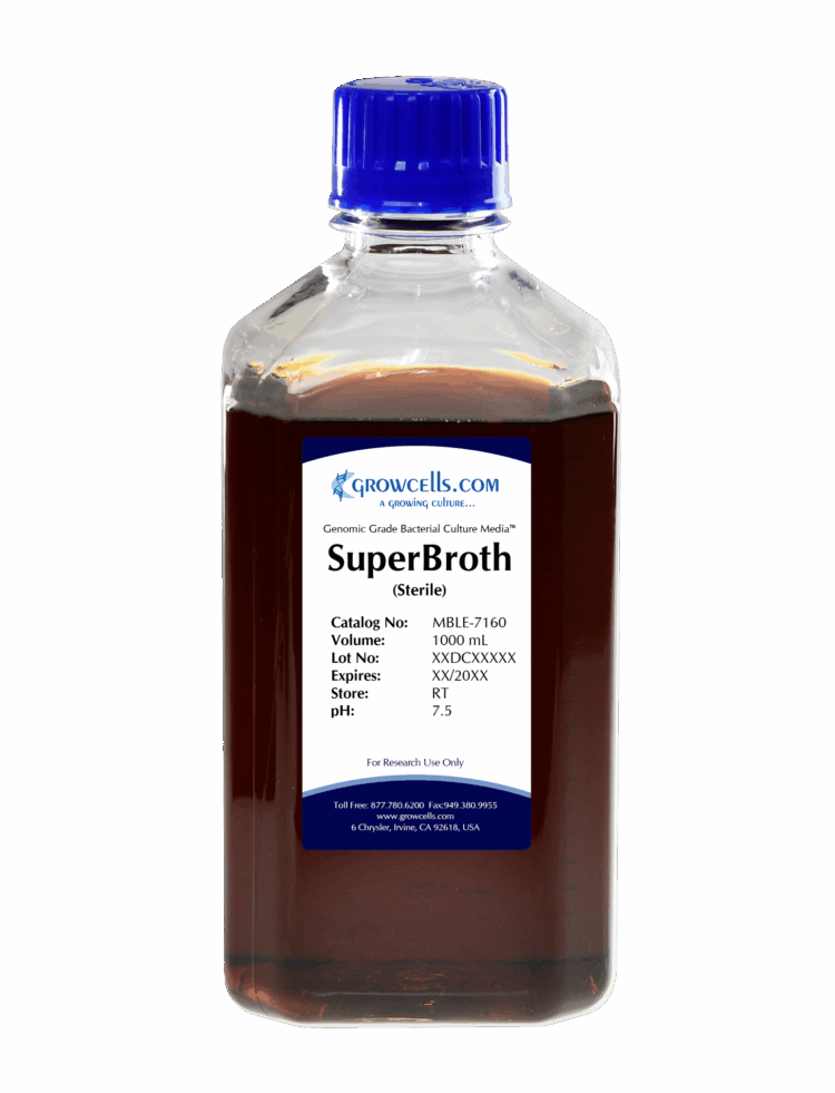 SuperBroth Media: 32g Tryptone, 20g Yeast Extract, 5g NaCl, pH Adjusted to 7.0 +/- 0.1