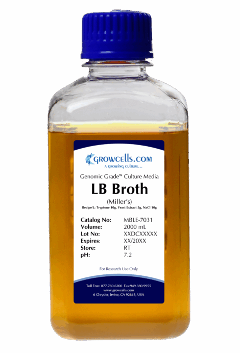 LB (Miller) Broth: 10g Tryptone, 10g Yeast Extract, 5g NaCl, pH Adjusted to 7.0 +/- 0.1