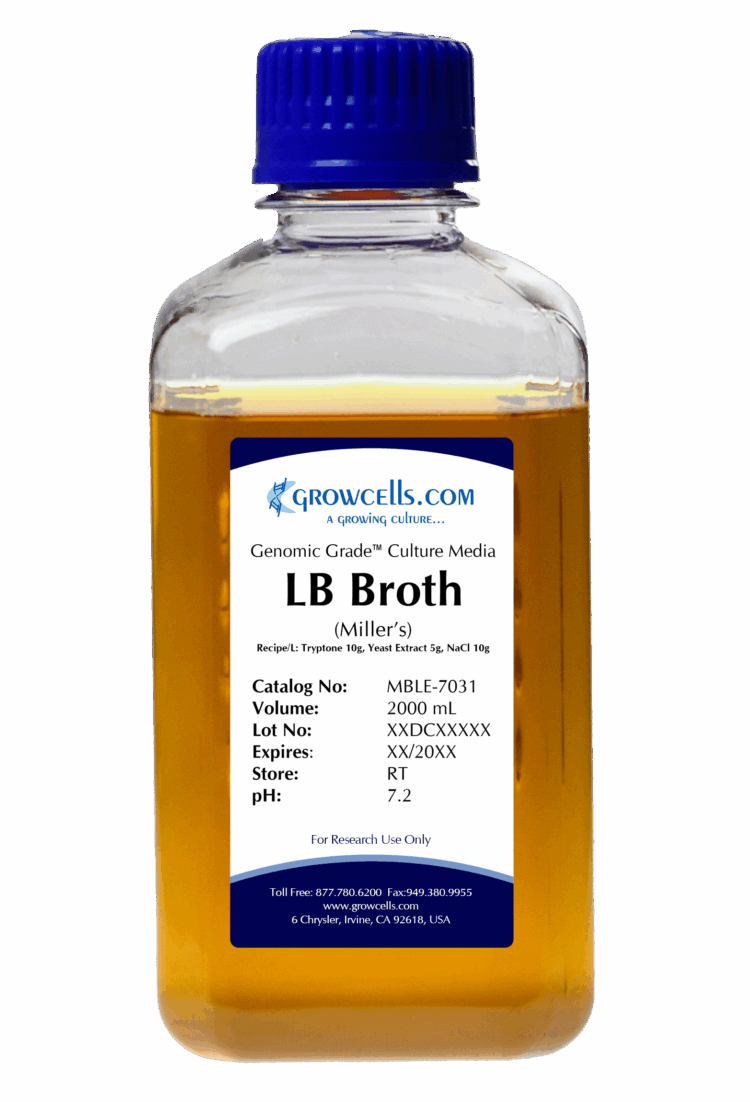 LB (Miller) Broth: 10g Tryptone, 10g Yeast Extract, 5g NaCl, pH Adjusted to 7.0 +/- 0.1