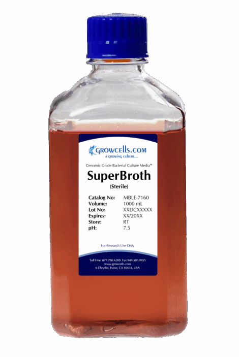 SuperBroth Media: 32g Tryptone, 20g Yeast Extract, 5g NaCl, pH Adjusted to 7.0 +/- 0.1