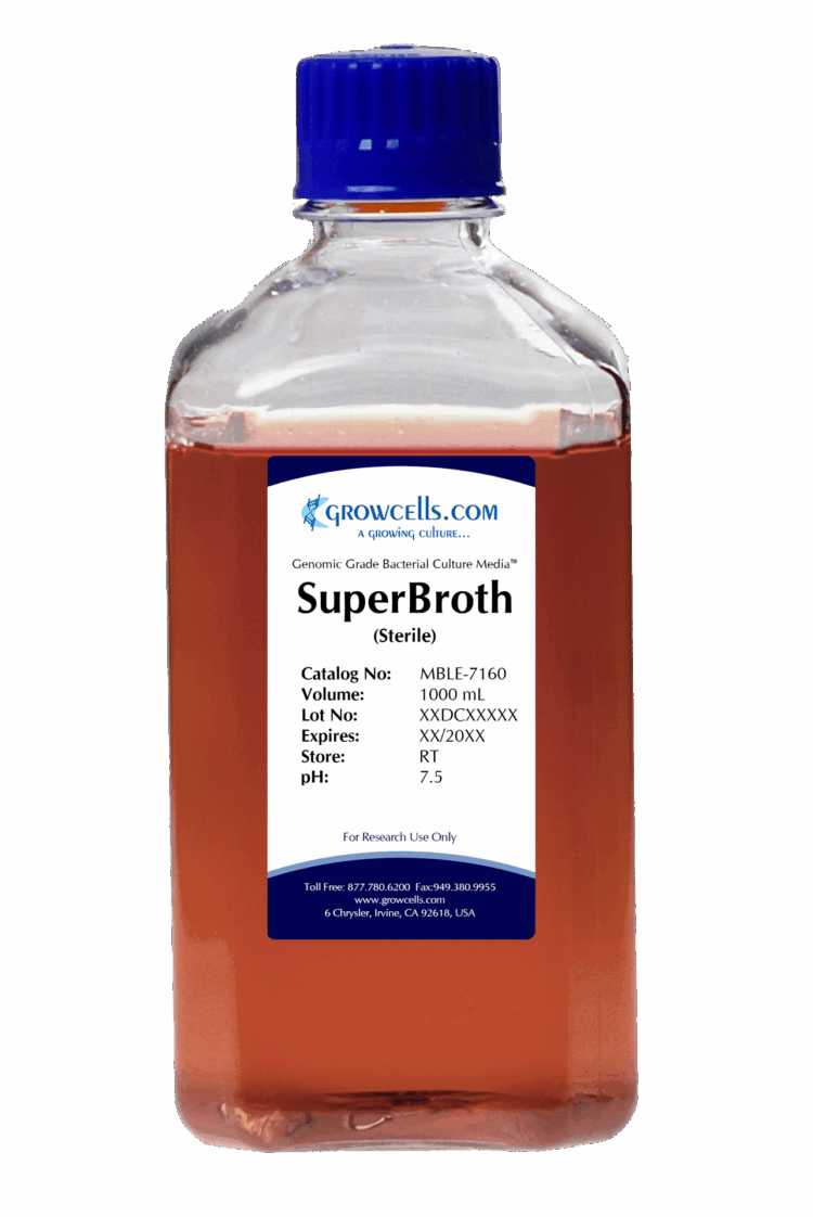 SuperBroth Media: 32g Tryptone, 20g Yeast Extract, 5g NaCl, pH Adjusted to 7.0 +/- 0.1